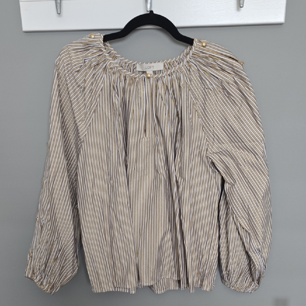 🐚🍂LOFT Beige & Gold Striped Blouse with Gold Buttons